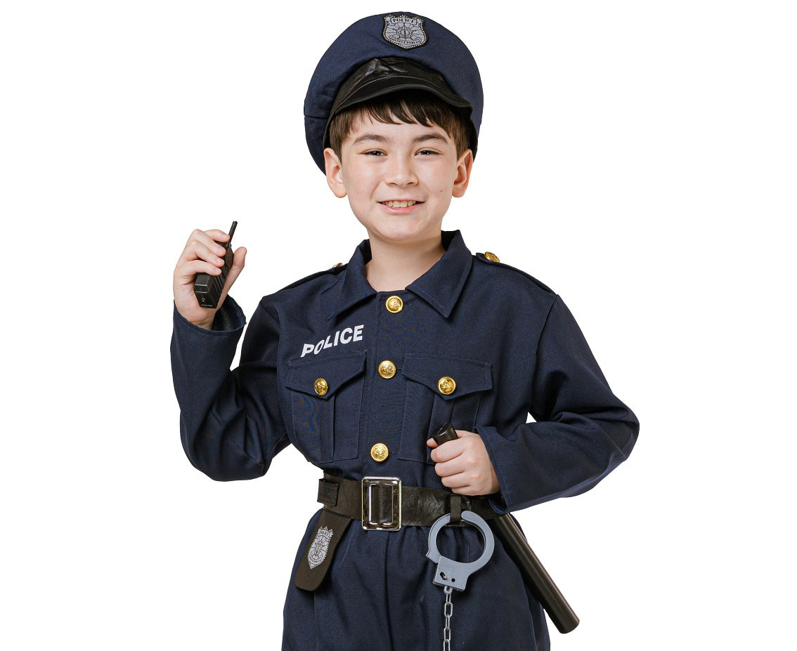 Role play-set for kids Elegant Policeman (shirt, pants, belt, hat, handcuffs, Walkie- talkie, baton), size 110/120 cm